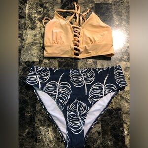 Peach and Black Leaf Print Bikini